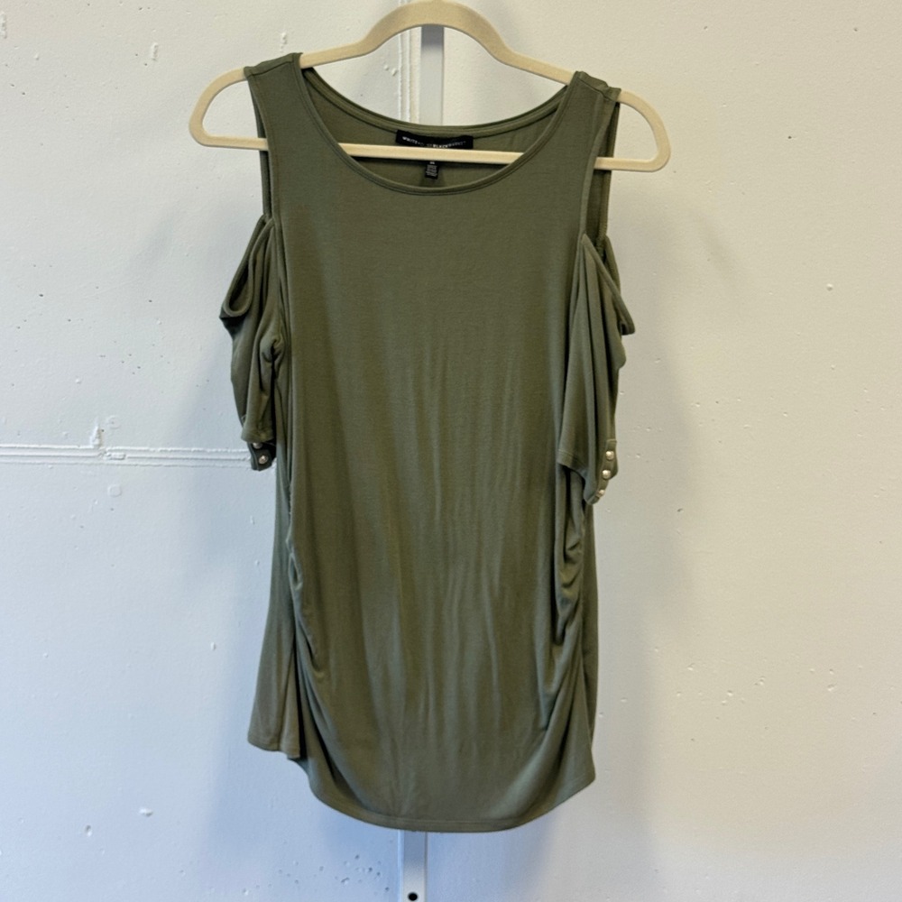 White House Black Market Olive Green Cold Shoulder Button Sleeve Knit Top Med
